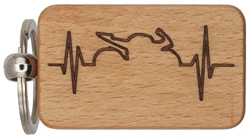 dekolaser24 Schlüsselanhänger Holz Motorrad EKG Moped Biker | Handgemacht aus Buchenholz - Herzschlag-Motiv für Motorradfahrer und Biker-Girls - Geschenk zum Geburtstag
