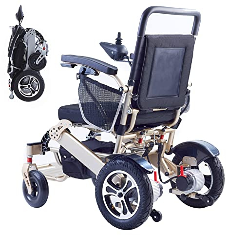 Bueuwe Elektrischer Rollstuhl Faltbar Leicht Elektrorollstuhl, Elektrisch Rollstuhl mit Elektroantrieb, Faltbarer Rollstühle für Drinnen und auf Reisen, Li-Ion Battery 24v 20ah, Aluminium, Gold