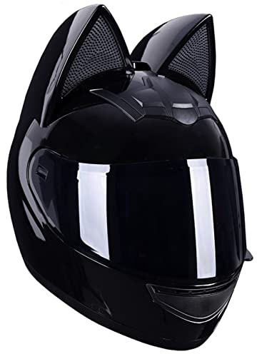Casques Moto Intégral Oreilles de Chat avec Visière Casque Scooter Racing Motocross Casque Intégraux Homologué Dot/ECE Homme Femme 14,M