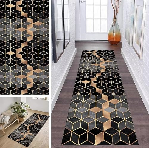 ZDYHMrj Läufer Teppich Lang Flur rutschfest Waschbar 70X160CM Küche Korridor TeppichLäufer für Flur Grau Schwarz Schlafzimmer Wohnzimmer Polyester Teppichmatte Dauerhaft, Anpassbar Küchenteppich