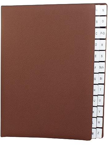Pultordner mit Register A-Z, genarbtes Vollrindleder in Braun, passend für DIN A4, Softcover mit dehnbarem Rücken, Register-Trennblätter aus schwarzer Kartonage mit Sichtlöchern