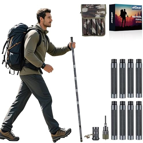 aiGear H2 Survive Walking Hiking Stick - Outdoor Tactical Hiking Staff Multitool Gear Adjustable Trekking Poles for Survival Camping Hiking 8 Tubes 54.72 inch (with Tool)