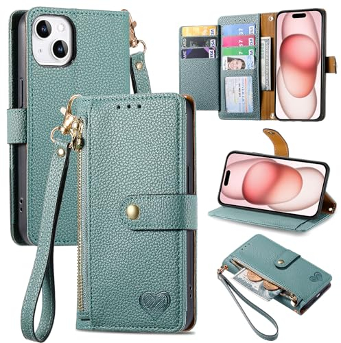 VEEMOS Handyhülle für Apple iPhone 15 Hülle Klappbar Klapphülle Schutzhülle mit Kartenfach RFID Reißverschluss Handy Tasche Leder Flip Case Cover Handytasche Frauen - Grün