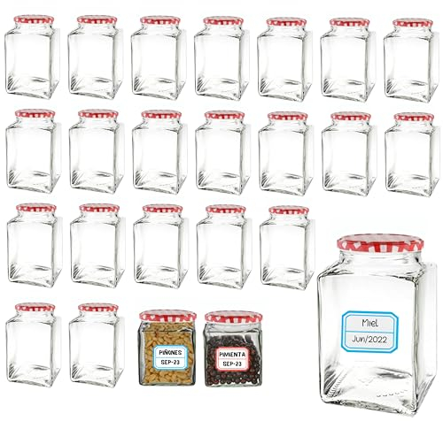 Awiku 24 Tarros de Cristal Cuadrados con Tapas Metálicas Herméticas de 120ml - Incluye Etiquetas - Tarritos Ideales para Mermeladas, Miel, Especias, Cremas - Frascos Cuadrados Resistentes (24)
