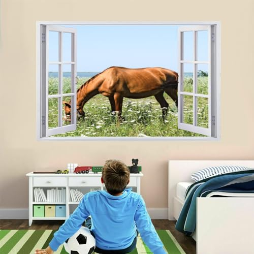 Wandtattoo 3D Durchbruch Braunes Pferd Wandsticker Wanddekoration Wiesenblume Abnehmbare Wandaufkleber Deko Schlafzimmer Wohnzimmer Kinderzimmer Kunst Wohnkultur Wandbilder 110x70cm