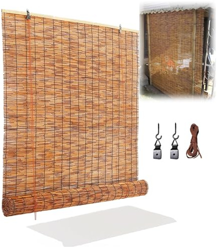 Generic Bambusrollo Jalousie Anti-UV Natür Rollo Outdoor Vorhang 48 56 64 72 80 88 96 104 112 120 128 136 144 152 160cm Verdunkelungsrollos für Terrasse Garten Küche