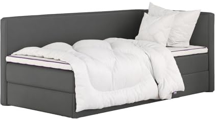 mybed. Boxspringbett Einzelbett Mitto Conti Twin Rechte Seite Polsterbett mit Bettkasten Dunkelgrau 7-Zonen Taschenmatratze H3 100x200 und Topper Jugendbett Kinderbett