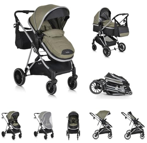 Moni passeggino combinato 2 in 1 Kali 22 kg convertibile, cestino, portabibite, colore:verde