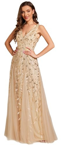 Ever-Pretty Damen Formelles Kleid Pailletten Tüll Doppelter V-Ausschnitt Ärmellos Meerjungfrau Langes Abendkleid 07886