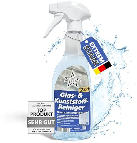 Ricostar 2in1 Glas- & Kunststoffreiniger 500 ml – Scheibenreiniger für streifenlosen Glanz & Sauberkeit – Glasreiniger für Fenster, Spiegel, Autoscheiben & Kunststoffflächen – Effektiv gegen Schmutz