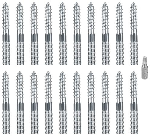 20 Pcs M8 Torx Hanger Bolts, Double Headed Bolts Dowels, Double Ended Dowel Screws, Metal Screw Dowels Hanger, Threaded Lag Wood Screws and Machine Bolts for Wood Joint Furniture Legs (M8x60mm)
