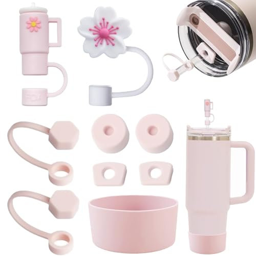 ROMANVIC Stanley Cup Accessories, Includes 4 Leak-proof Silicone Plugs, 4 Straw Covers, 1 Bottom Protector Silicone Boot for Stanley Cup 1.2 L and 850 ml Cups (Rose)