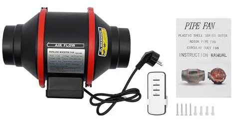 Ventilatore a tubo, 100 mm, motore regolabile, 40 W, 310 m ³/h, ventilazione e ventola di scarico, con spina europea e telecomandi, per bagno, WC, cucina, serra, tenda, garage (nero)