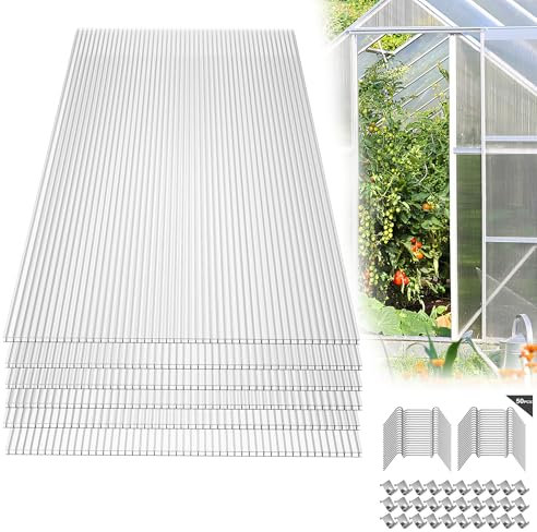 Qeentoe 14x Polycarbonat Hohlkammerstegplatten Doppelstegplatte 4mm | 10,25 m² inkl.50 Klammern & 50 Z-Clips Gewächshausplatten für Garten Treibhaus Gewächshaus