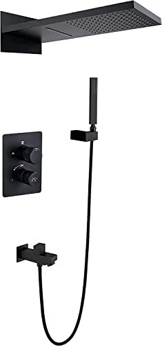 GLJTUO Juego de Ducha de Ducha Pantalla Digital Juego de Grifo de Ducha Juego de Mezclador de Ducha Oculto Negro Mate con Ducha de Mano de latón y Cabezal de Ducha Tipo Cascada