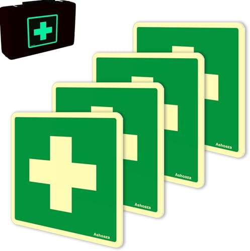 Ashoaza 4 Pezzi Auto-Luminosa per CASSETTA DI PRONTO SOCCORSO Cartello, Adesivi Cassetta Pronto Soccorso in Vinile Autoadesivo Anti graffio Anti UV impermeabile, (Autoilluminata Cm 15 x 15)