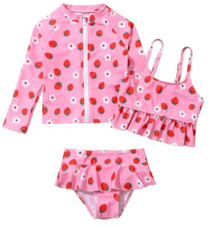 Hotfiary Girls Swimsuit 3 Pieces Tankini Set, Kids Girl Swimming Costume, Long Sleeve Zip Up Rash Guard Shirt & Ruffle Cami Top & Bikini Bottom, Cute Printed UPF 50+ Protection Swimwear 3 4 5 6 7 Year