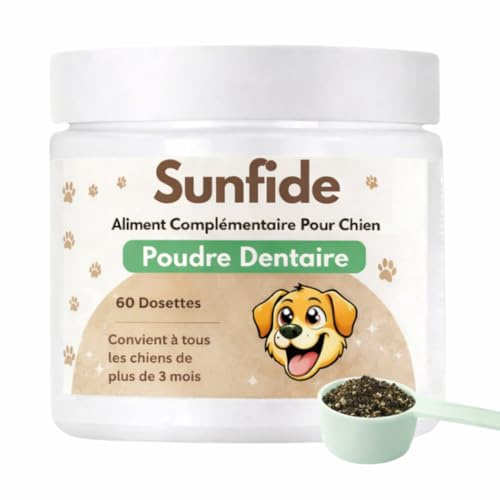 SUNFIDE - Poudre Dentaire pour Chien - Haleine Fraîche, Dents propres, Gencives Saines - Anti-tartre et Mauvaise Haleine - Anti-Plaque - Algues et Probiotiques (1 Boîte (60 Dosettes - Doseur Inclus))