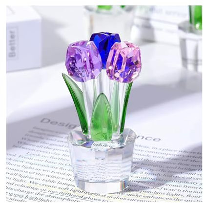 Yuelulala Crystal Multicolor Tulips Bouquet Figurine Collectible Gifts for Women, Glass Colourful Tulips Flower Centrepiece Ornaments for Christmas Birthday Home Decor Keepsake (A89-1)