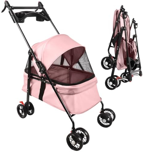 Kinderwagen für kleine und mittelgroße Hunde, Hundewagen mit 4 Rädern, faltbarer Reisewagen mit Getränkehalter und Aufbewahrungstasche, 50 x 70 x 95 cm, Rosa
