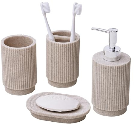 Sapisecret Juego de Baño 4 Piezas - Dispensador de Jabón + Vaso de Dientes con Bandeja - Diseño Rayas (Beige), Resina Premium - Incl. Porta Cepillos & Jabonera