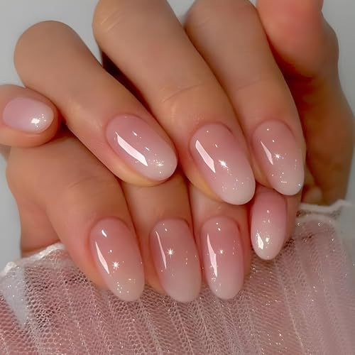 Viugex Lot de 24 Française Faux Ongles Courts Amande, Rose Blanc Dégradé Press on Nails, Couverture Complète Acrylique Capsules Ongles, Élégant Amovible Faux Ongles Autocollants pour Femme et Filles