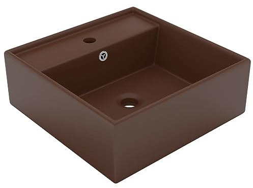 Lavabo da Appoggio Quadrato, Lavandino in Ceramica con Troppopieno, Design Moderno e Finitura Opaca Marrone Scuro, per Bagno o Lavanderia, 41 x 41 cm