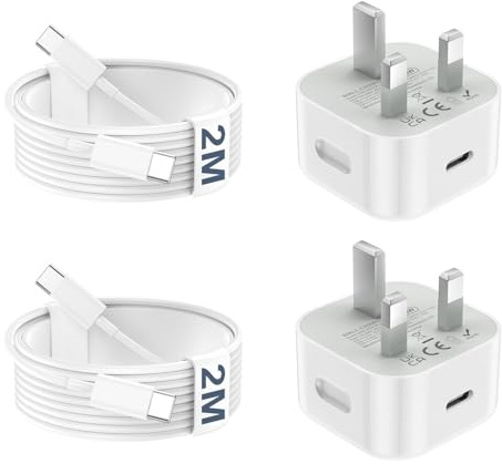 USB C Charger for iPhone 17 16 15 Charger 20W Fast Charger USB C Plug and Cables 2M, 2 Pack Type C Wall Phone Lead USBC UK Power Adapter for iPhone Air/17 16 15 Pro Max/iPad/Samsung S25 Ultra/S24/S23