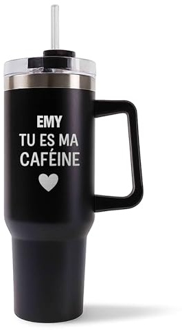 Mug Isotherme 1,2L - Emy Tu es ma caféine Noir – Bouteille avec Anse, Paille et Couvercle – Idée Cadeau Gourde Personnalisée Café