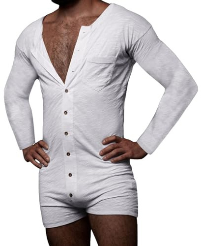 Generisch Mono de una pieza para hombre, body para adultos, pijama para hombre, ropa interior térmica monocolor, ropa interior elástica, ropa de dormir de manga larga, mono con botones