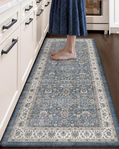 Color&Geometry Vintage Alfombra Cocina Antideslizante, 60x150cm, Azul | Extra ancho alfombra larga antifatiga, Superficie de piel impermeable y antimanchas, fácil de limpiar, apta para cocina