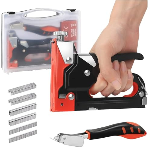 Grapadora de pared tapicero madera juego de pistola de grapar, 3 en 1 con 600 grapas, removedor de grapas y maletin tapicería material de fijación, puertas y ventanas (naranja negro)