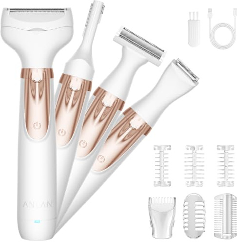 ANLAN 4-in-1 Lady Shaver for Women, Wet & Dry Bikini Trimmer, IPX6 Waterproof Electric Razor Rechargeable for LED Light Painless Personal Trimmer Groomer for Ladies Face Body Legs Bikini Eyebrow