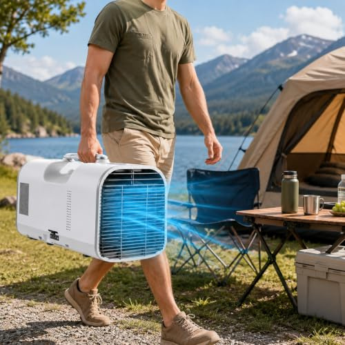 Condizionatore Portatile da Viaggio 4400/5100 BTU, Climatizzatore Mobile Compatto 4 in 1 con Raffreddamento, Ventilatore e Deumidificatore, Mini Clima per Camper, Van, Tenda, Ufficio e Casa
