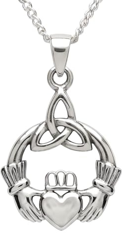 Colgante celta Claddagh en plata de ley con collar de cadena de 45,72 cm y caja de regalo.