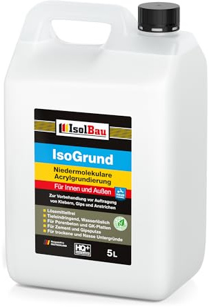 Isolbau IsoGrund Solution d'apprêt acrylique à faible poids moléculaire, prête à l'emploi, pour l'intérieur et l'extérieur, 5 l, pour apprêt professionnel