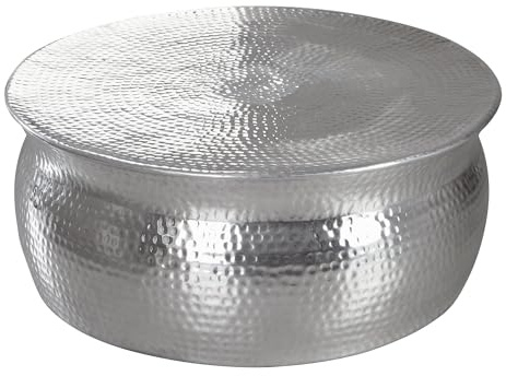 FineBuy Couchtisch Rund 75x75x31 cm Aluminium Silber, Sofatisch Flach | orientalischer Wohnzimmertisch in Hammerschlag-Optik, Beistelltisch handgefertigt, Loungetisch mit Ablagefläche