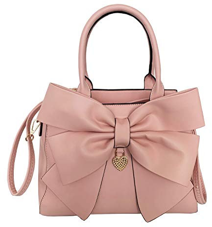 Women Handbag 2 Pcs Set Big Bow-Knot PU Leather Top Handle Bag Designer Tote Bag Clutch Wallet Set for Ladies, Pink