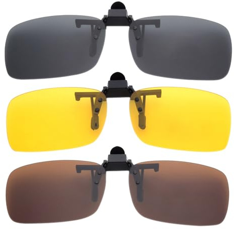 BOZEVON Clip sur Lunettes de Soleil - Lunettes de Soleil Polarisées Flip-Up Lunettes de Vision Nocturne Fit sur Lunettes pour Conduite et en Plein Air, Gris & Jaune & Marron - L