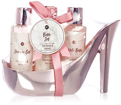 Accentra - Set de baño MÁRMOL con tacón alto - Set de cuidado de 3 piezas con Gel de ducha, baño de burbujas y loción corporal - regalo para cumpleaños, San Valentín y Navidad (rosa)