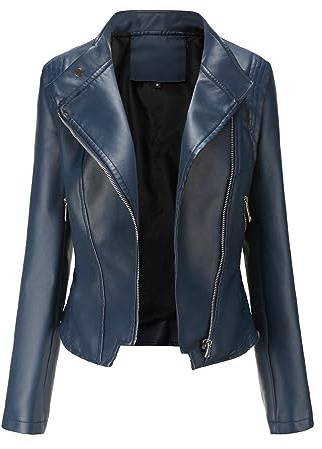 YYNUDA Blouson Cuir Biker Revers Veste Motard Femme Jacket Bombers Aviateur Léger Manteau Moto Printemps/Automne Bleu XL