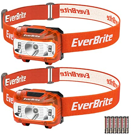 EverBrite LED Stirnlampe 2 Stück in Orange mit Rotlicht & Grünlicht | Kopflampe mit 5 Lichtmodi, Weihnachtsgeschenke Mitgebsel zum Camping, Outdoor, Weihnacht [mit 6 AAA Batterien]