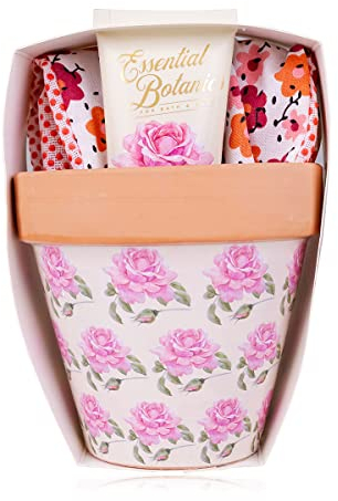 accentra Handpflegeset Essential Botanics im Blumentopf – Handcreme, Nagelcreme in Rosen-Duft inklusive schöner Gartenhandschuhe