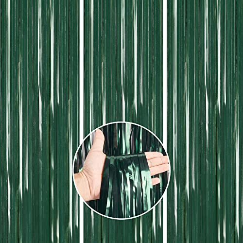 PartyWoo, 3 Stück Vorhang, Lametta für Geburtstagdeko, Hochzeitdeko, Partydeko, Baby Shower, JGA Deko (Dunkelgrün, 1x2m), Grün-9004