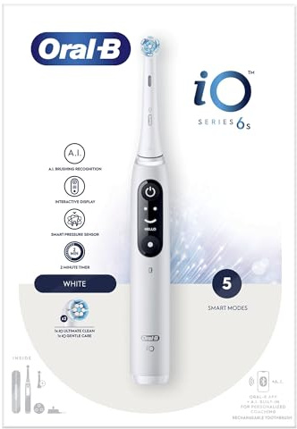 Oral-B iO 6S Vit Eltandborste, 2 Tandorsthuvuden, 1 Resefodral, Designed By Braun, Elektrisk Tandborste, Oral B