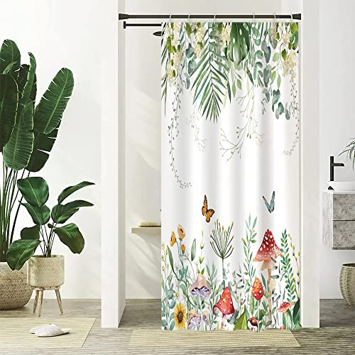Uiiooazy Duschvorhang 90x180cm Anti Schimmel Tropisch Grün Eukalyptus Pilz | Duschvorhang Jungle Palmeblätter Weiß Blumen Wasserdicht Stoff Polyester Waschbar Bad Vorhang mit 6 Haken für Badezimmer