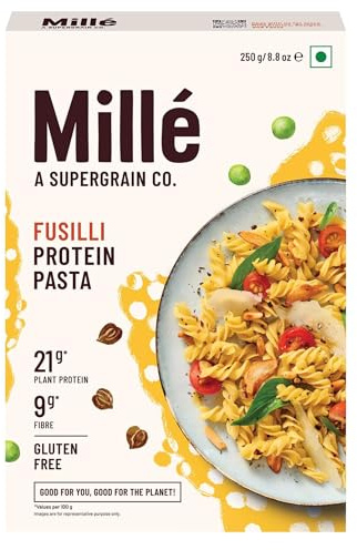 Mille High Protein Fusilli Pasta | 21g Plant Protein & 9g Fiber | Gluten-Free Supergrain Pasta for Healthy Meals | Vegan, Low-Carb & No Maida | 8.82 Oz (250g)