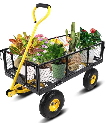 Garden Cart 4 Wheel Trolley Heavy Duty Garden Wagon 900lbs Garden Mesh Cart Hand Cart Side Detachable Steel Beach Garden Wagon Warehouse Perfect for Garden, Farm, Yard