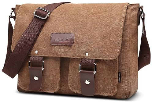 POSSOBAG Mode Herren Schultertasche Vintage Canvas Umhängetasche 13,3 Zoll Laptoptasche Grosse Kapazität Kuriertasche für Reise Schula Casual Camping Männer Leinwand Messenger Bag Braun