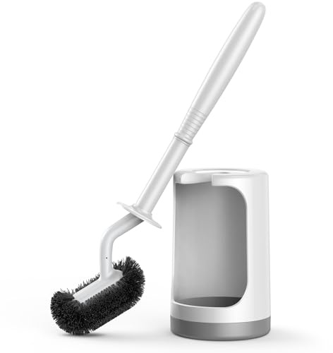 HAMITOR Toilet Bowl Brush Holder Set: Curved Design with Holder for Deep Cleaning Under Rim - Compact Hidden Scrubber for Small Space - Modern RV Bathroom Accessories - White 1 Pack